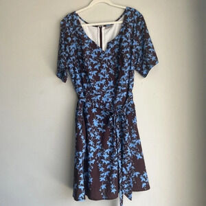 eShakti Plus Size 2X Brown Blue Fit and Flare Floral Dress